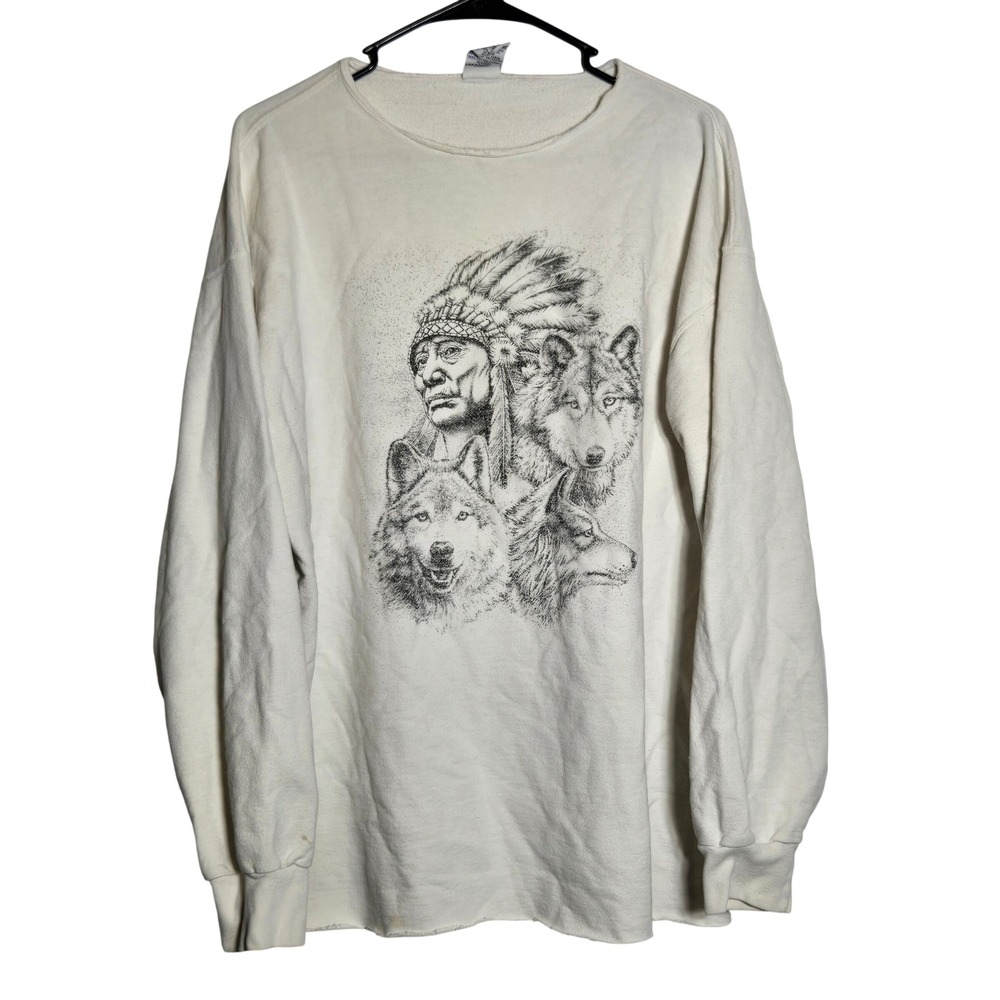 Vintage LA Sportswear Native American Chief Wolves Graphic Sweatshirt Large